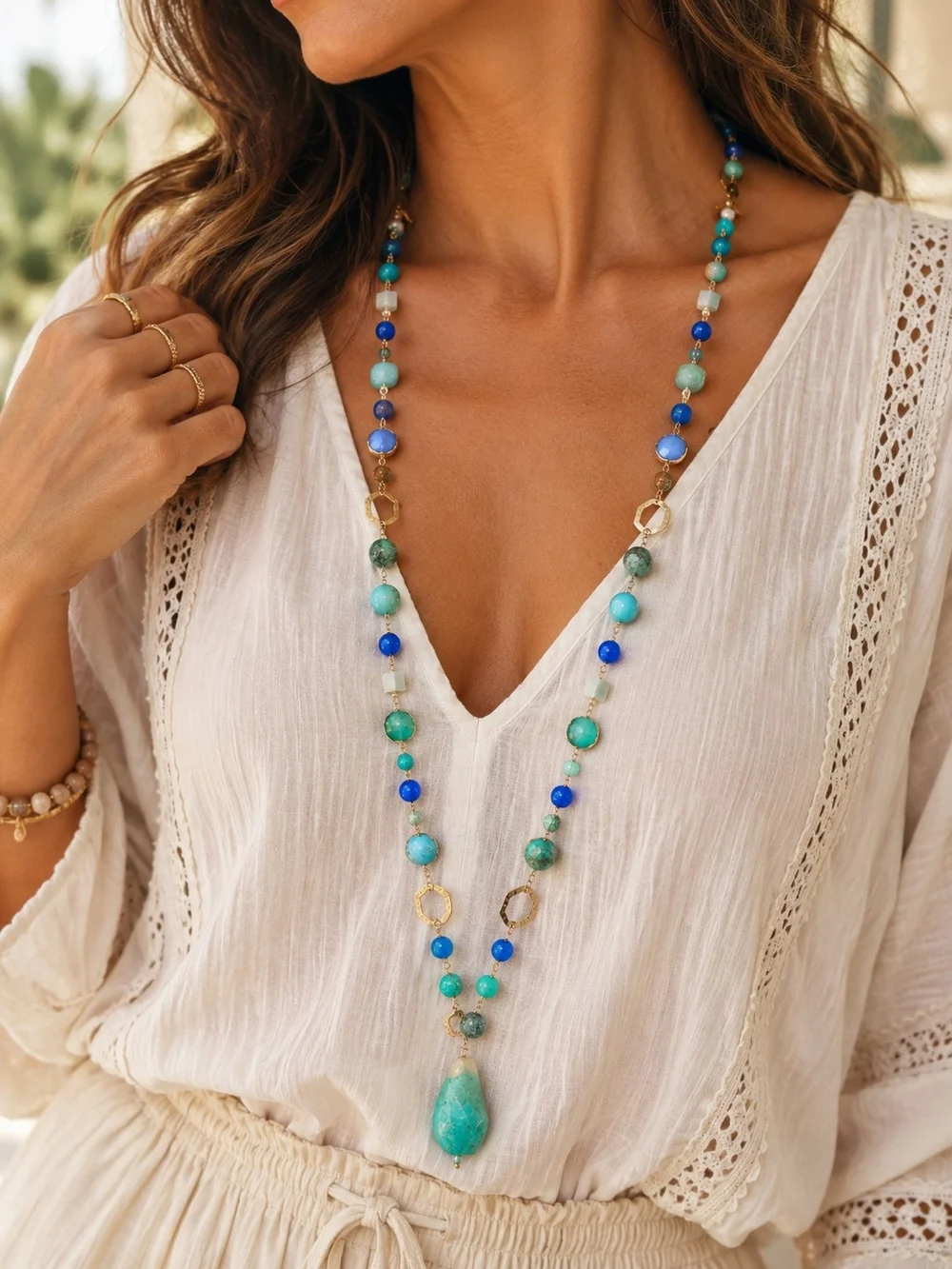 Coastal Multi-Blue Beaded Pendant Necklace -
